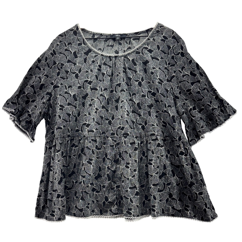 Floral Peplum Top Womens Size 22 Ellos Black White Short Sleeve Cotton Blouse